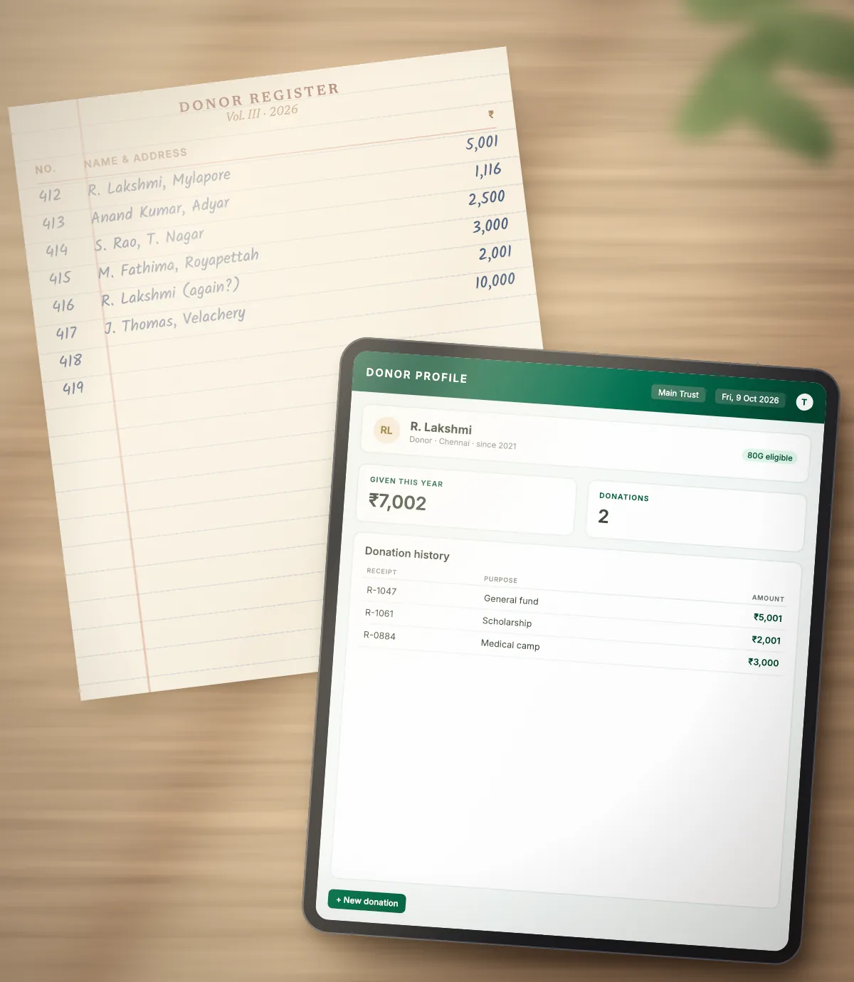 A handwritten donor register beside a tablet showing the same donor’s profile and donation history in ARAM ERP