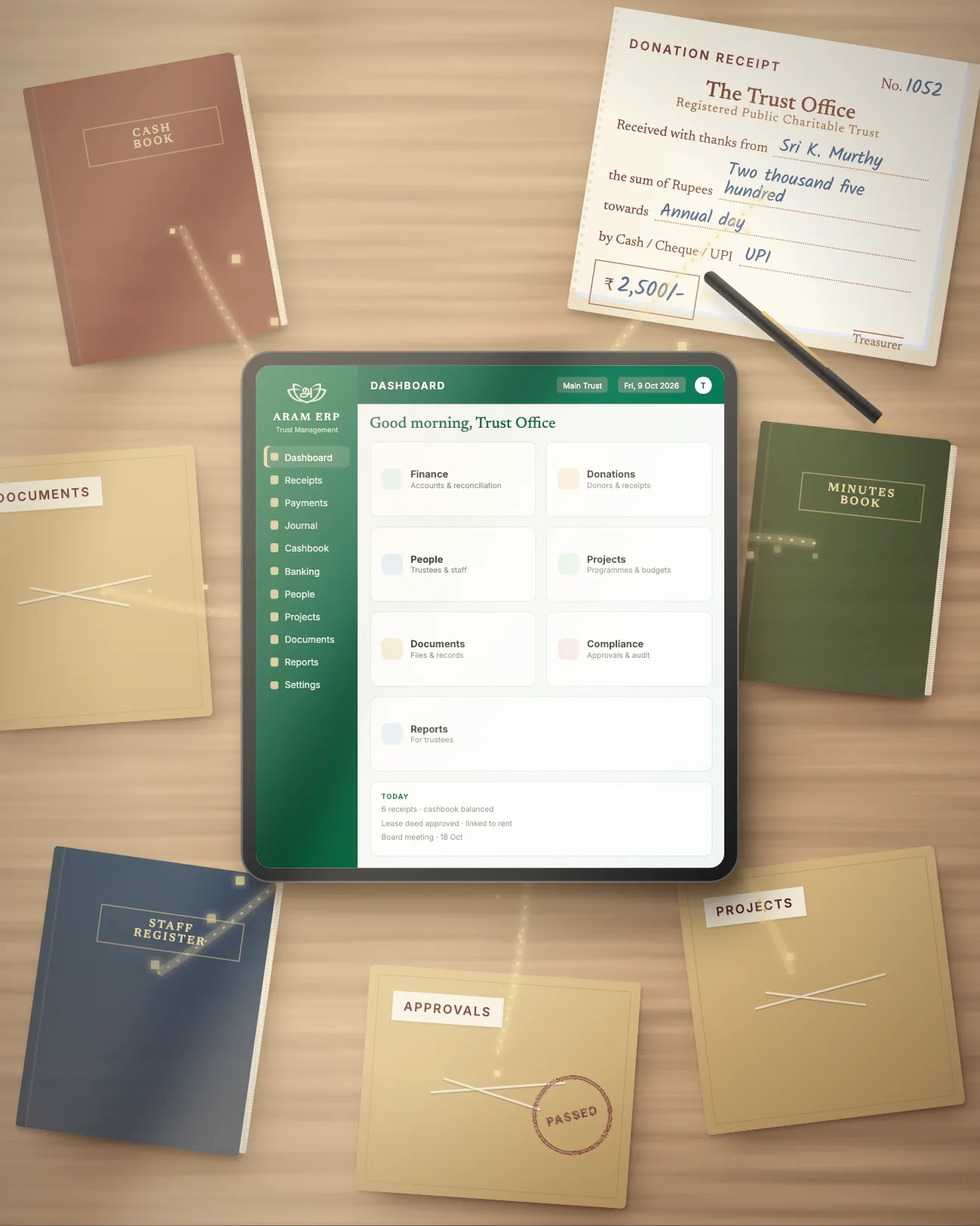 A cash book, receipt book, staff register, minutes book and document, approval and project files arranged around a tablet running the ARAM ERP dashboard
