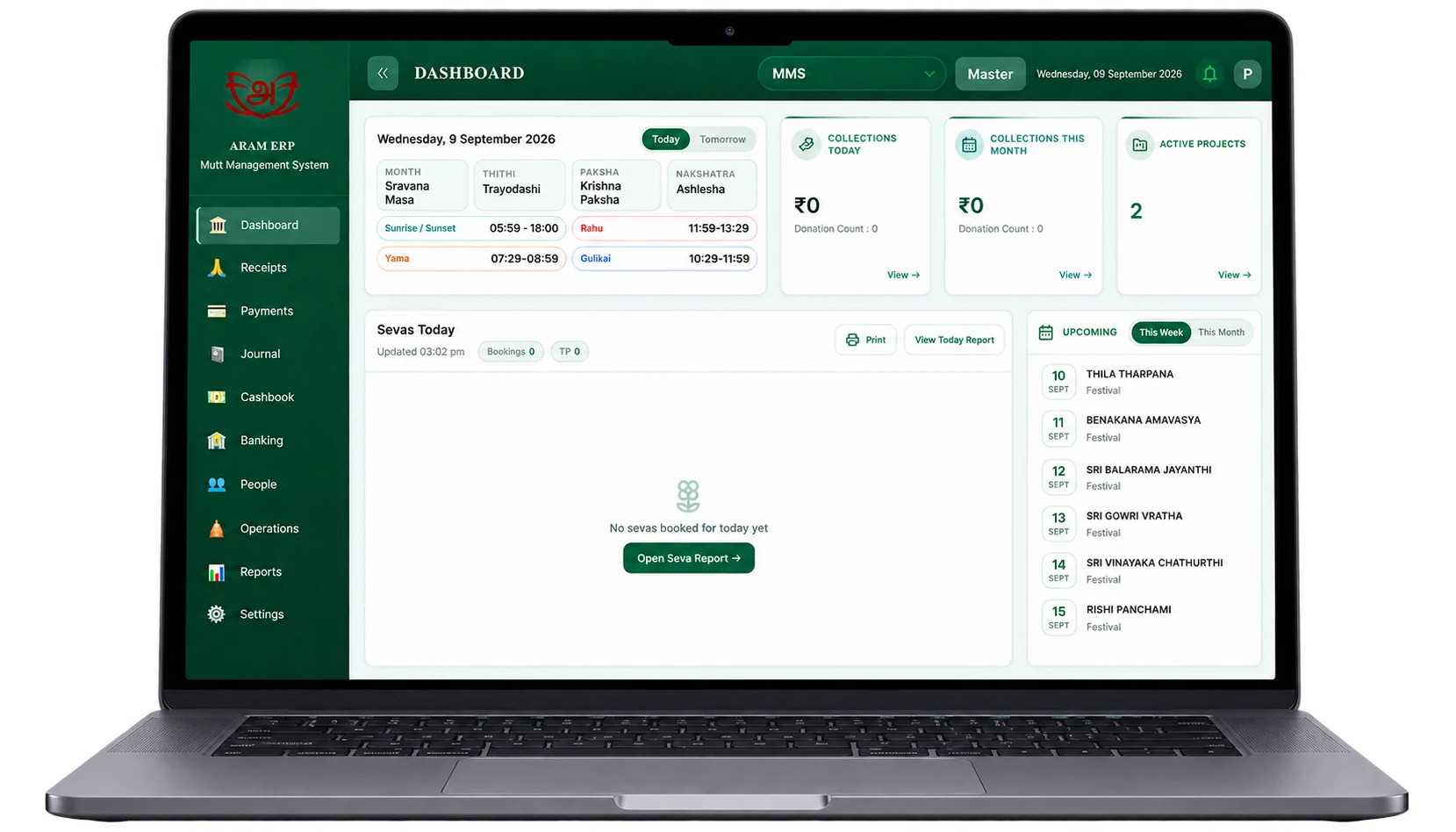 The ARAM ERP dashboard on a laptop, showing today’s date panel, collections today and this month, active projects, and a sidebar with receipts, payments, journal, cashbook, banking, people, operations and reports
