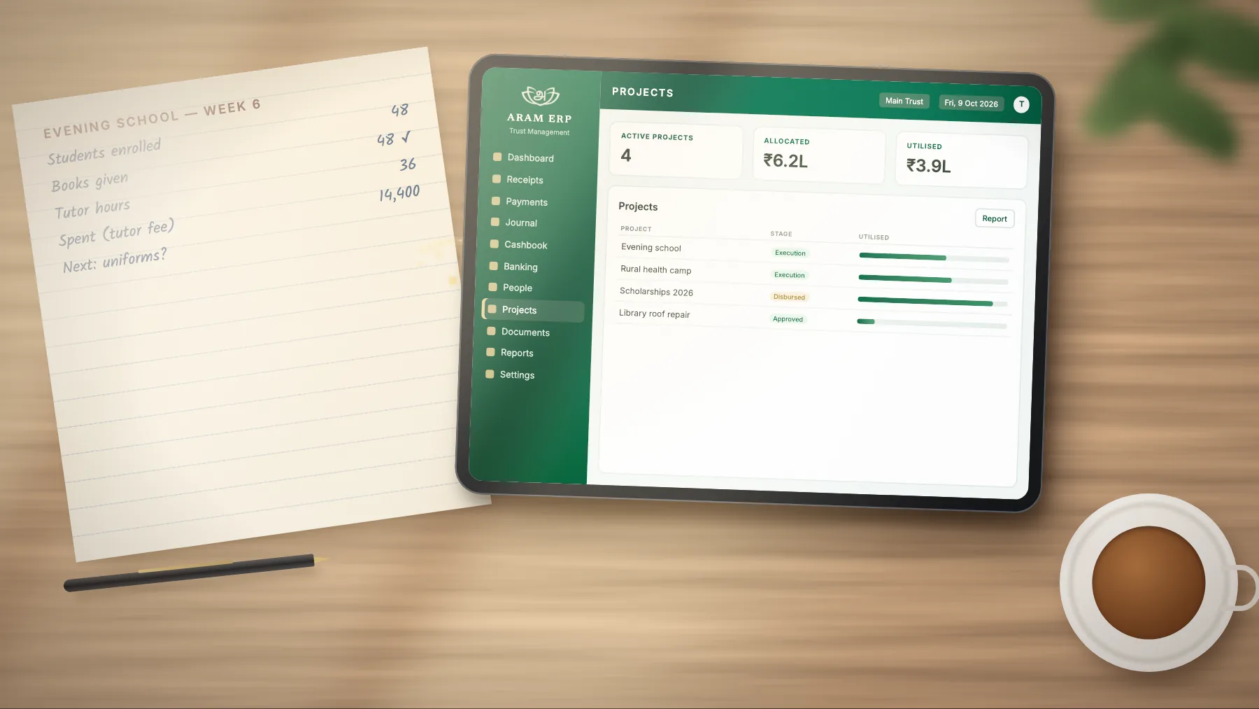 A handwritten project notebook beside a tablet listing the Trust’s projects, their stage and budget utilisation in ARAM ERP
