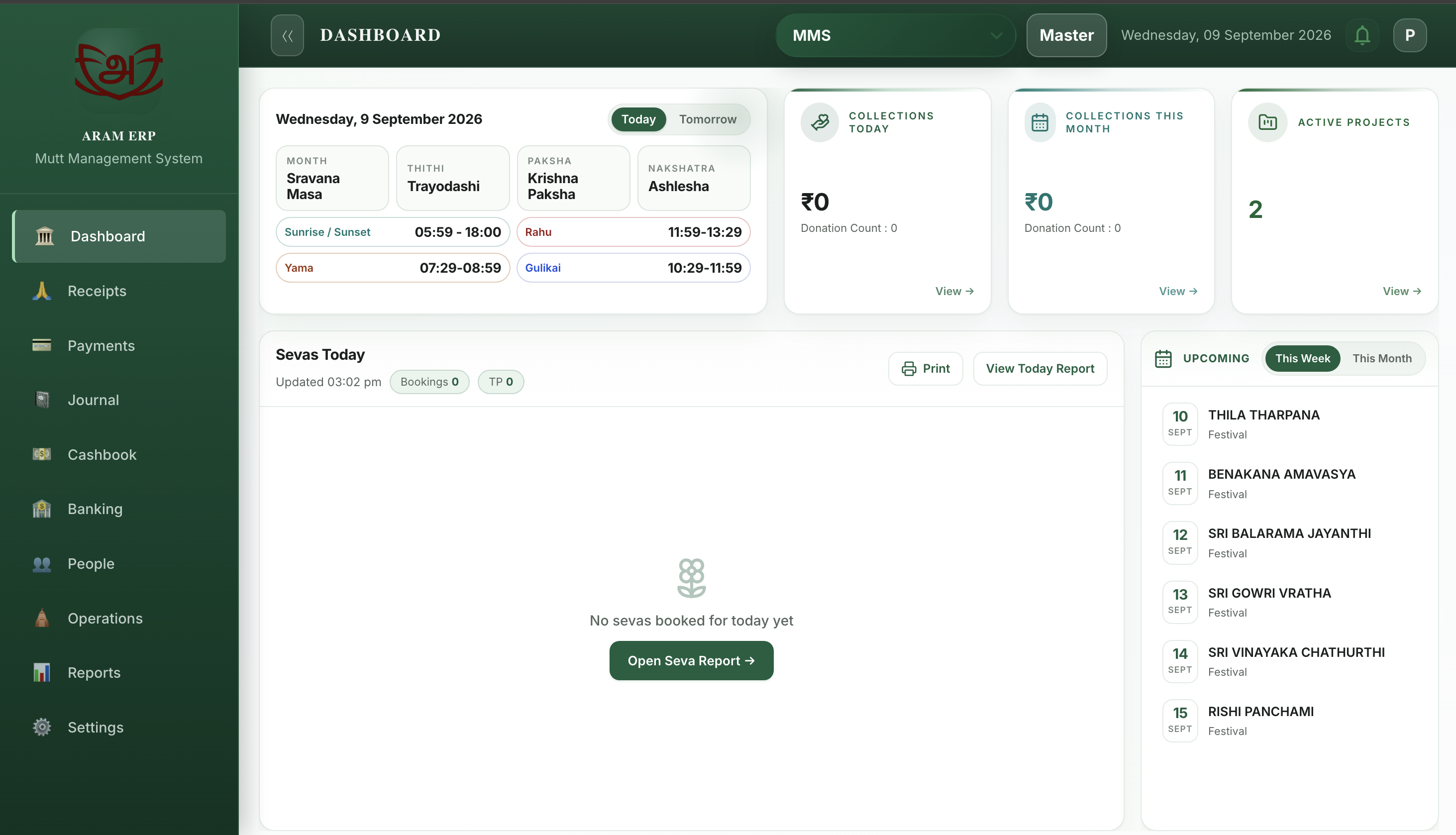 ARAM dashboard overview showing daily collections, sevas and upcoming events