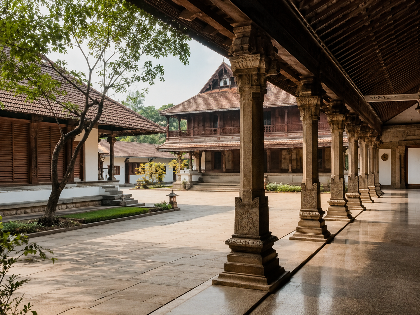 Traditional courtyard with carved pillars and warm morning light